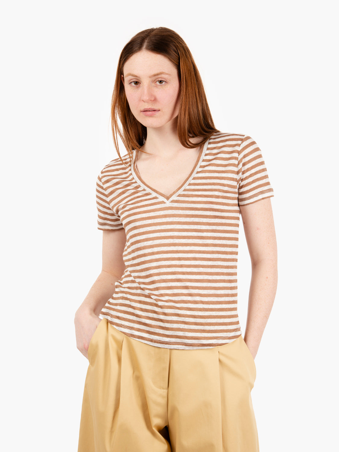 T-shirt lino semitrasparente a righe bianco / marrone