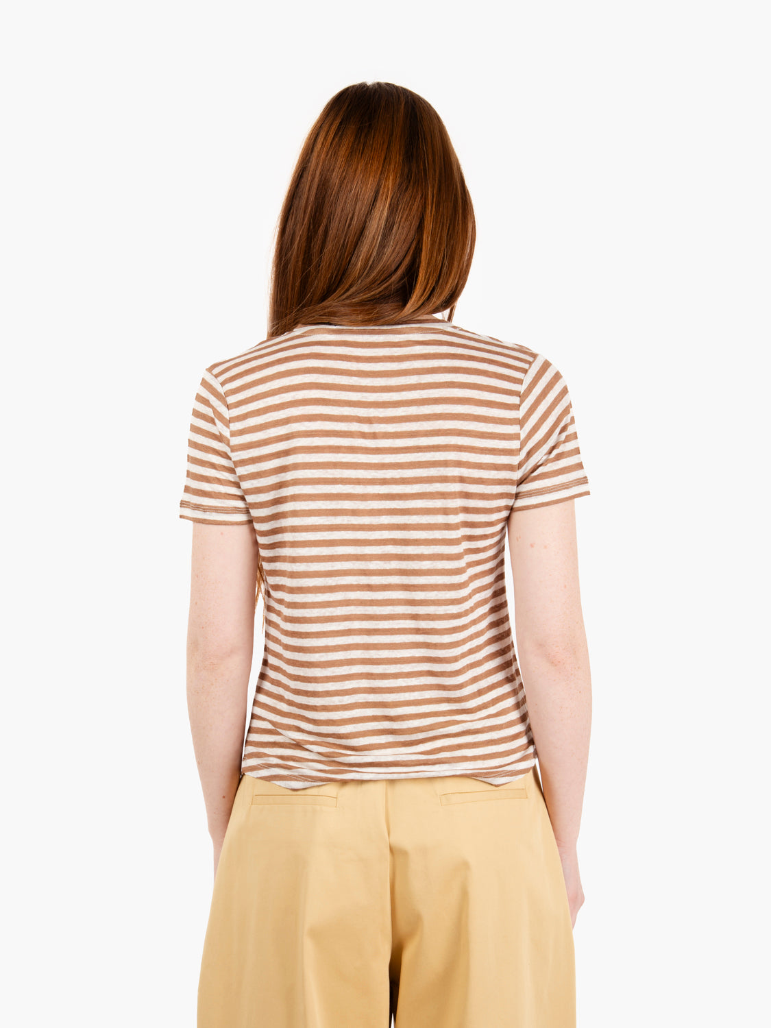 T-shirt lino semitrasparente a righe bianco / marrone