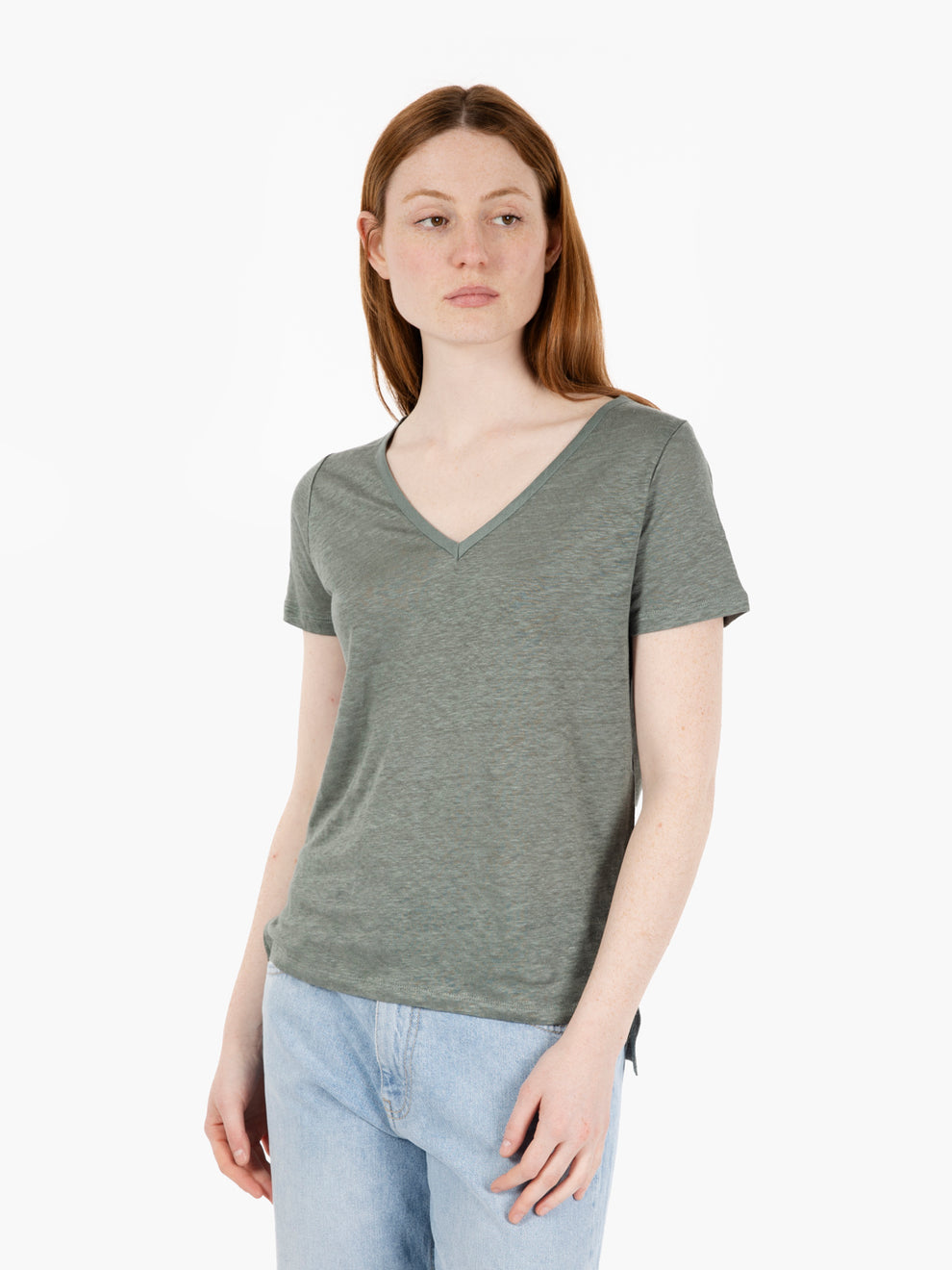 Green linen V-neck T-shirt