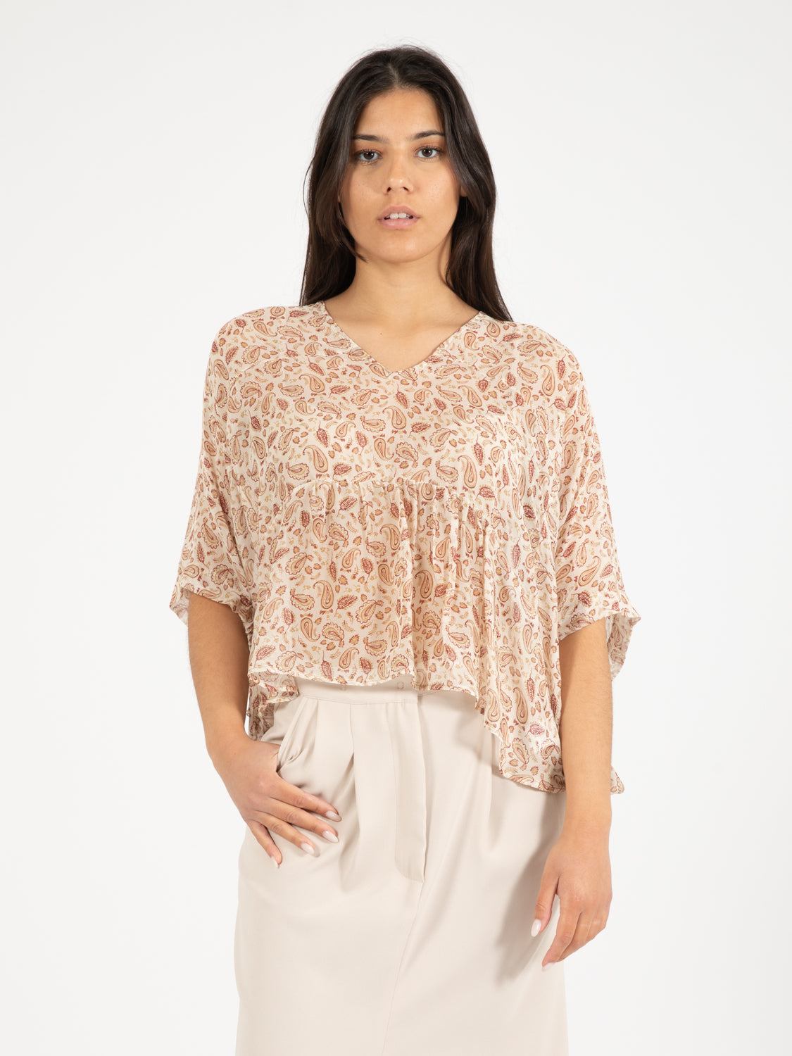 Camicia corta ampia fantasia marrone