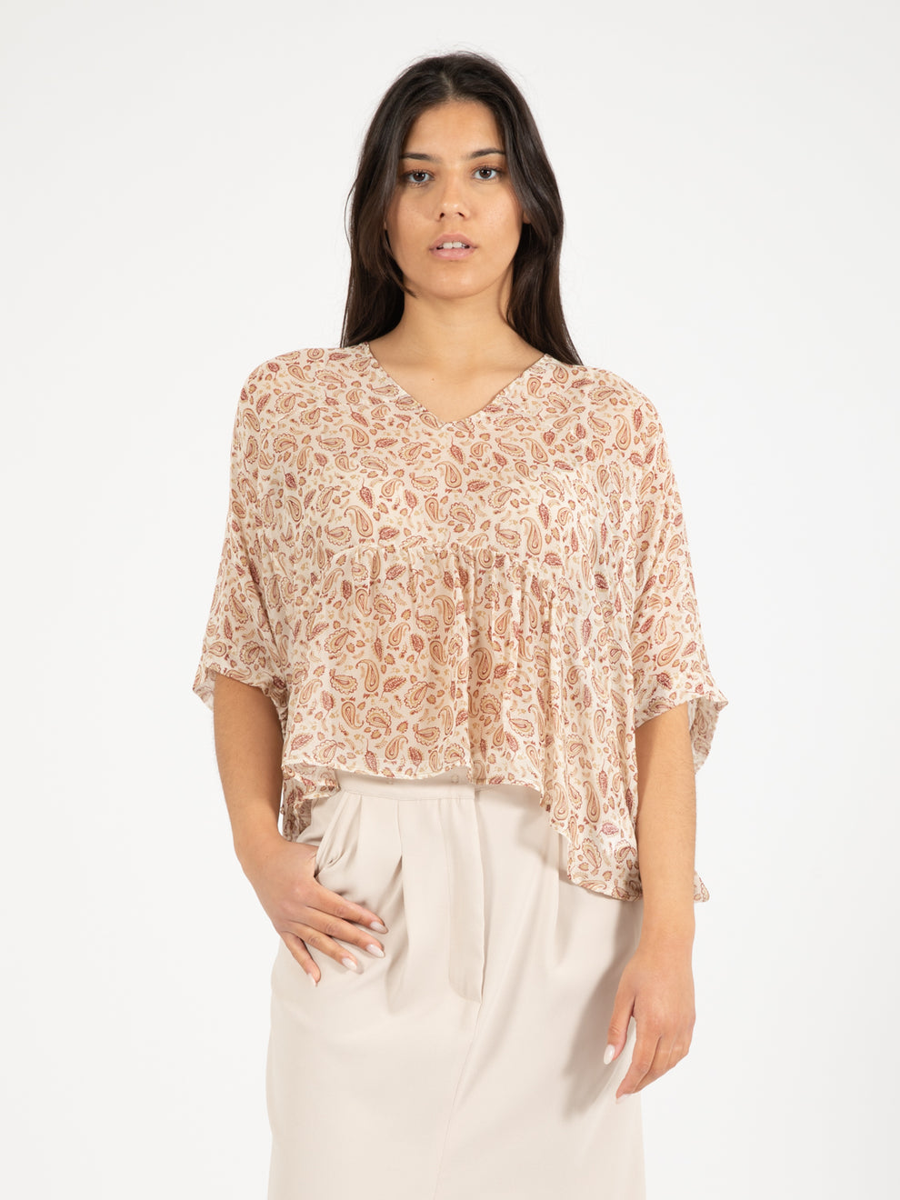 Camicia corta ampia fantasia marrone