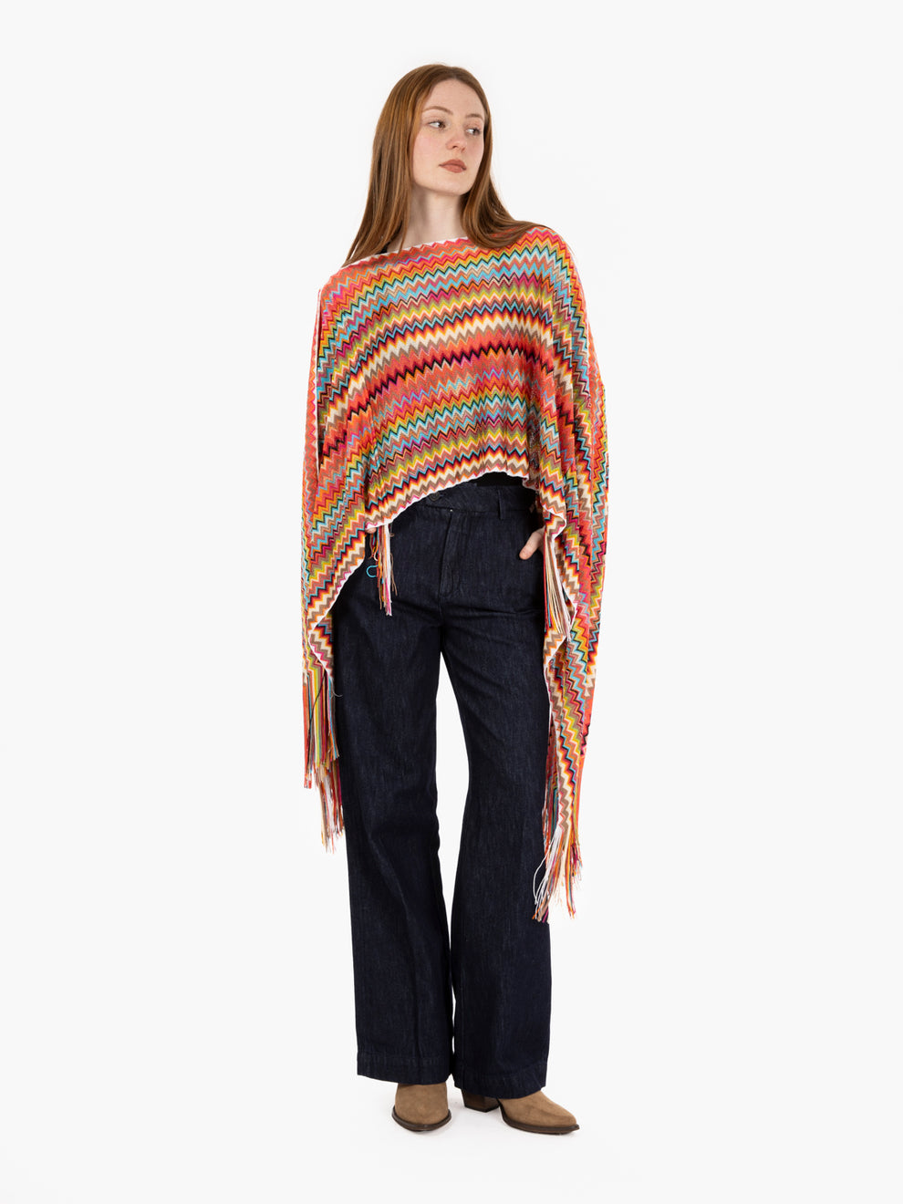 Long poncho zigzag design orange / multicolor