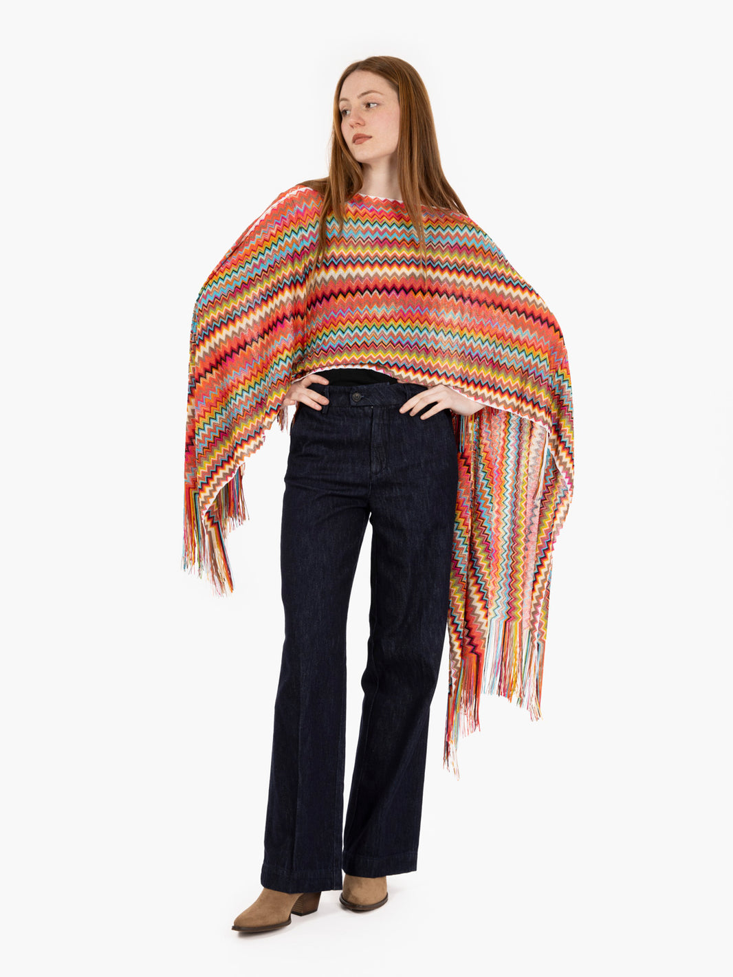 Poncho lungo design a zig-zag arancio / multicolor
