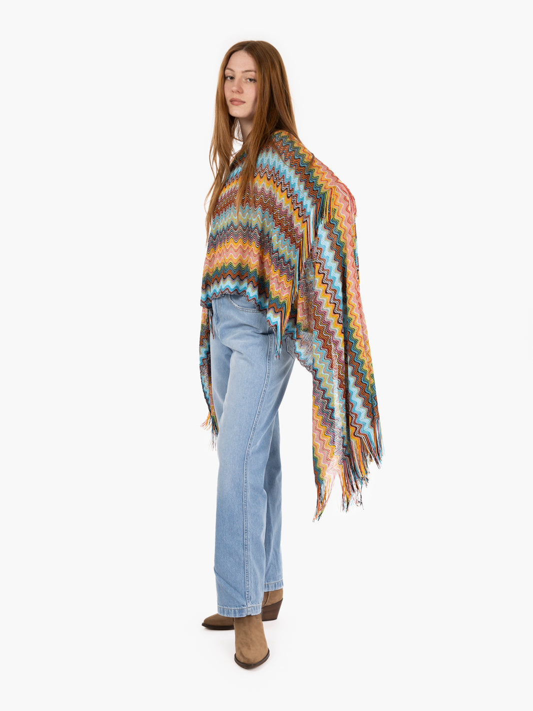 Poncho lungo design a zig-zag azzurro / multicolor
