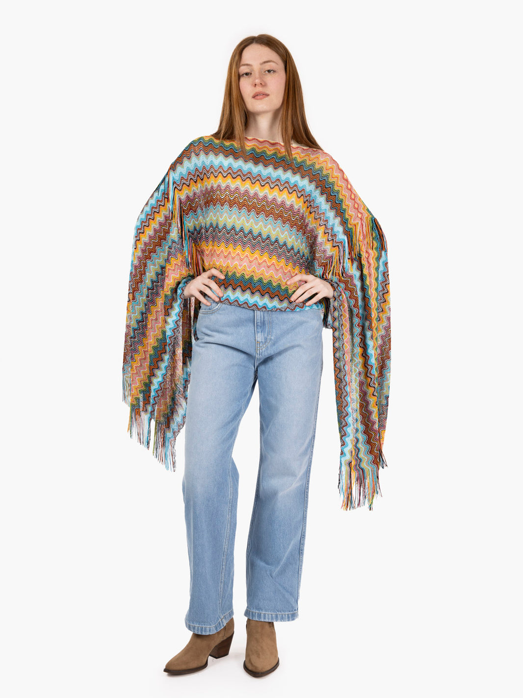 Poncho lungo design a zig-zag azzurro / multicolor
