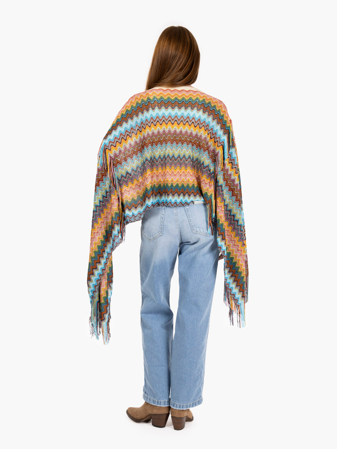 Long poncho zigzag design light blue / multicolor