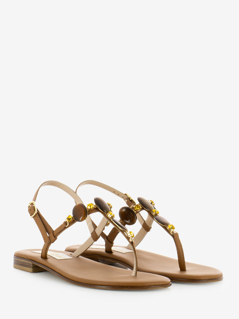 MODA POSITANO - Sandali infradito con pietre marrone