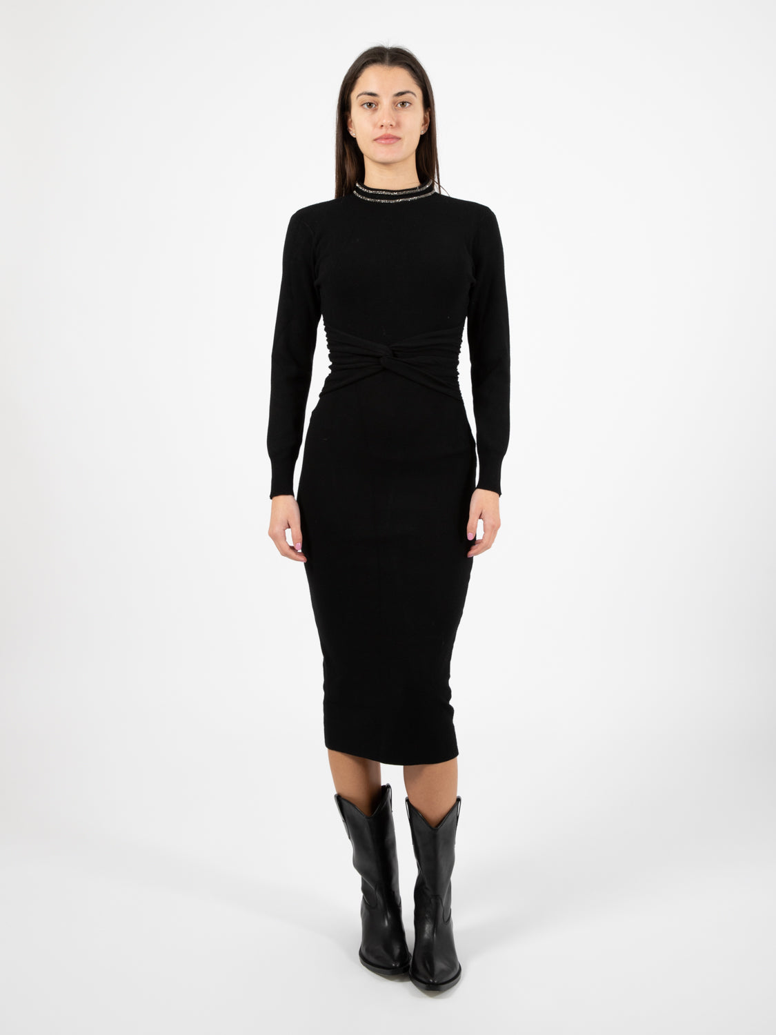Abito Toscova con nodo e serpentina di strass nero