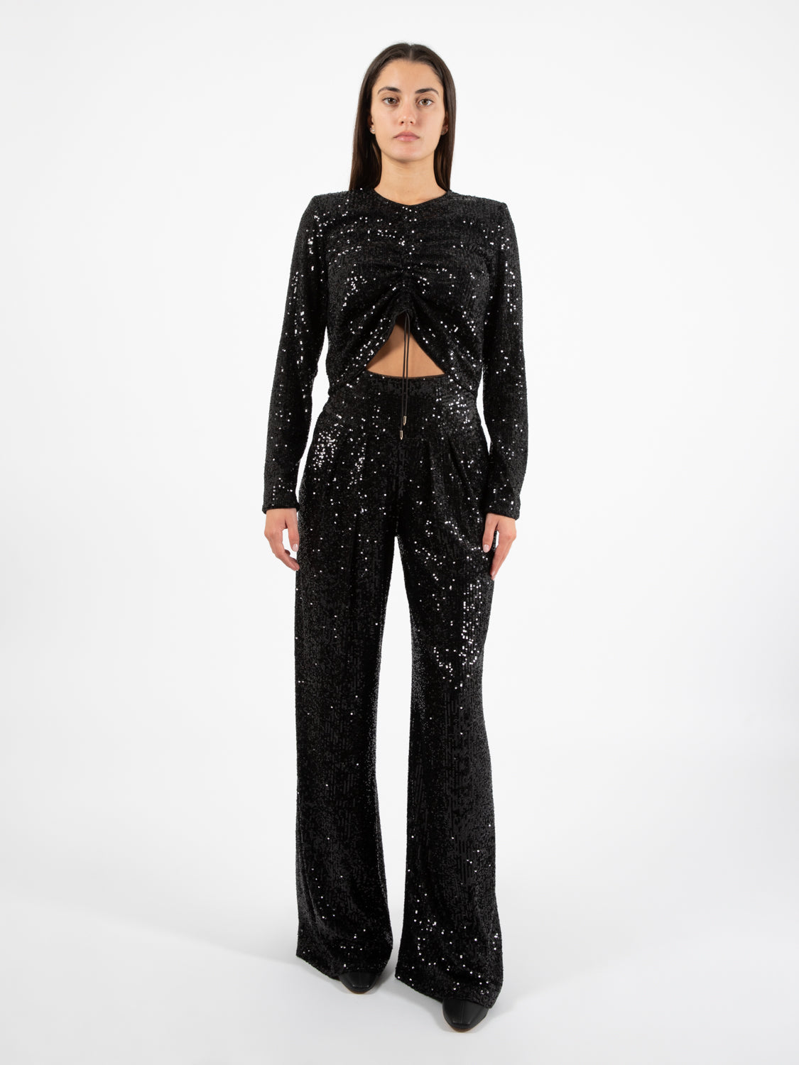 Blusa con coulisse e paillettes nera