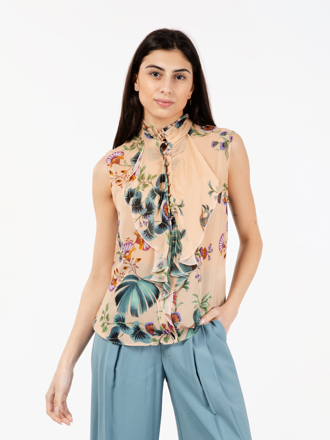 Blusa senza maniche stampa botanica sorbetto