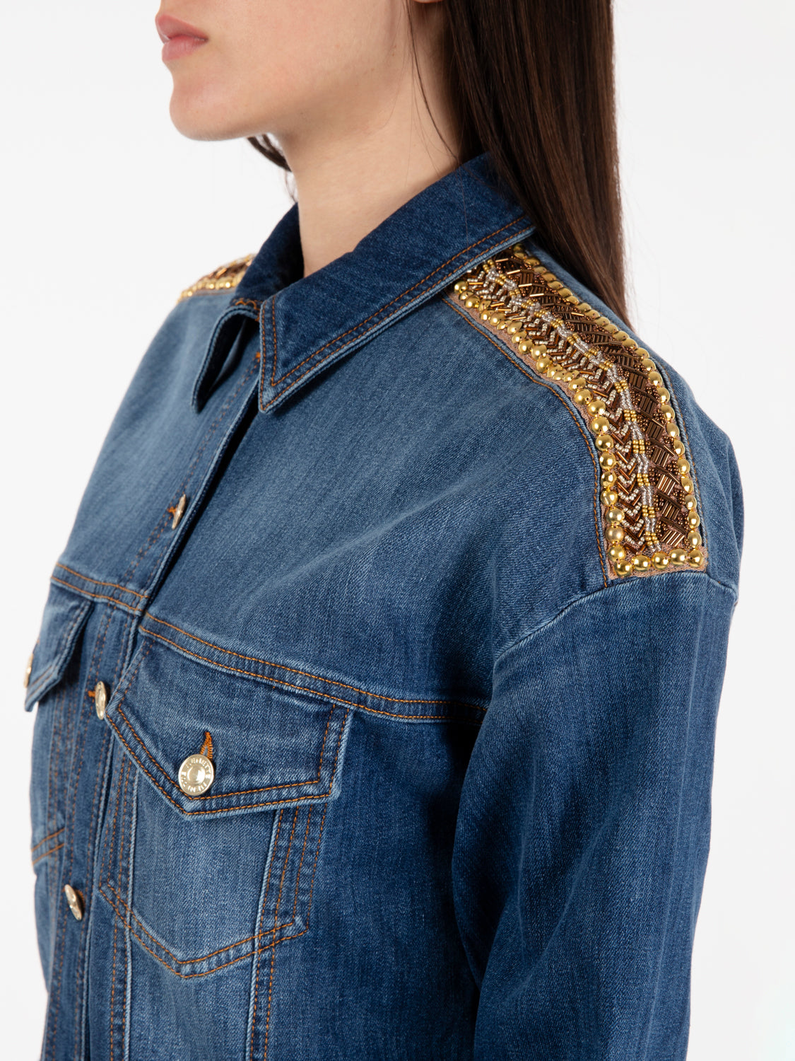 Giacca in denim con ricamo blu medio / oro