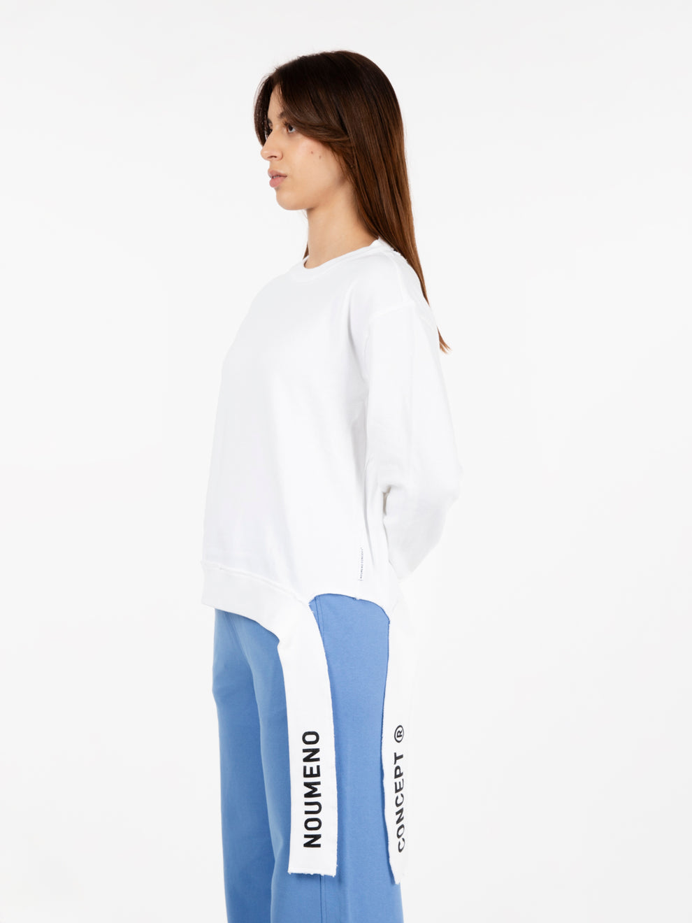 Sweatshirt with cut-out neck and band on the white background