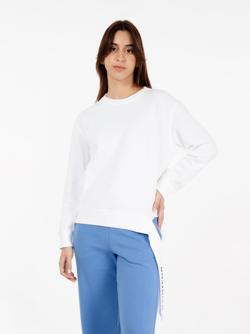 Sweatshirt with cut-out neck and band on the white background