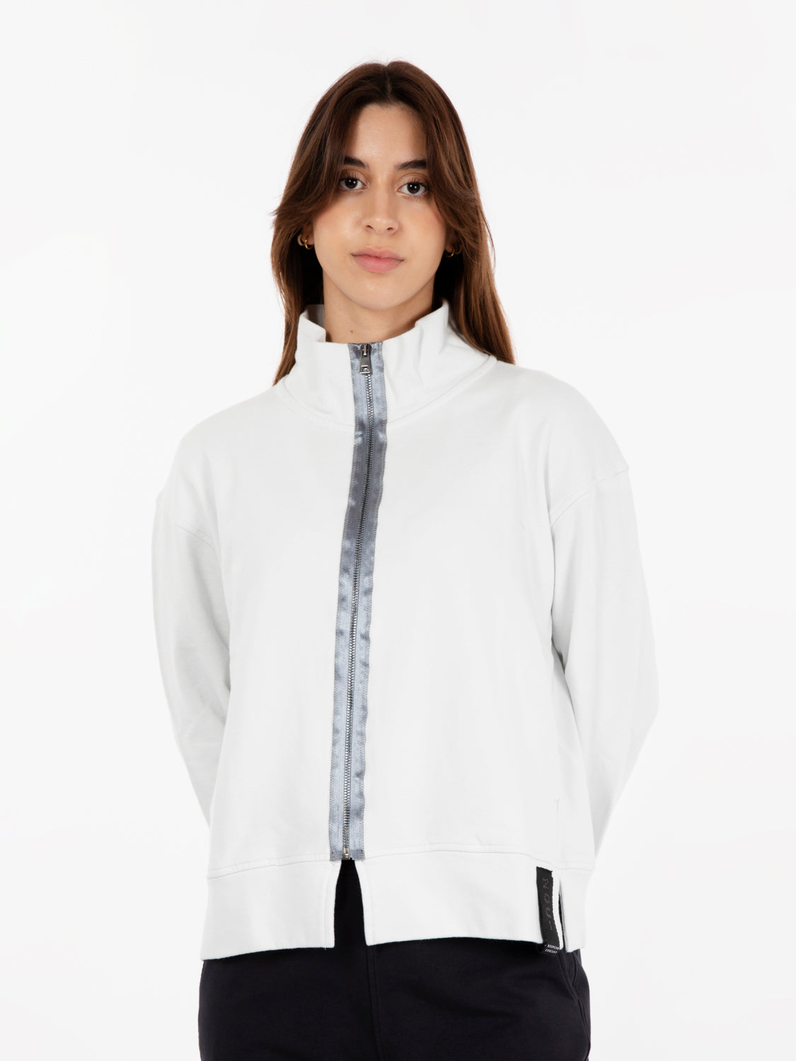 Felpa con zip dettaglio raso stucco