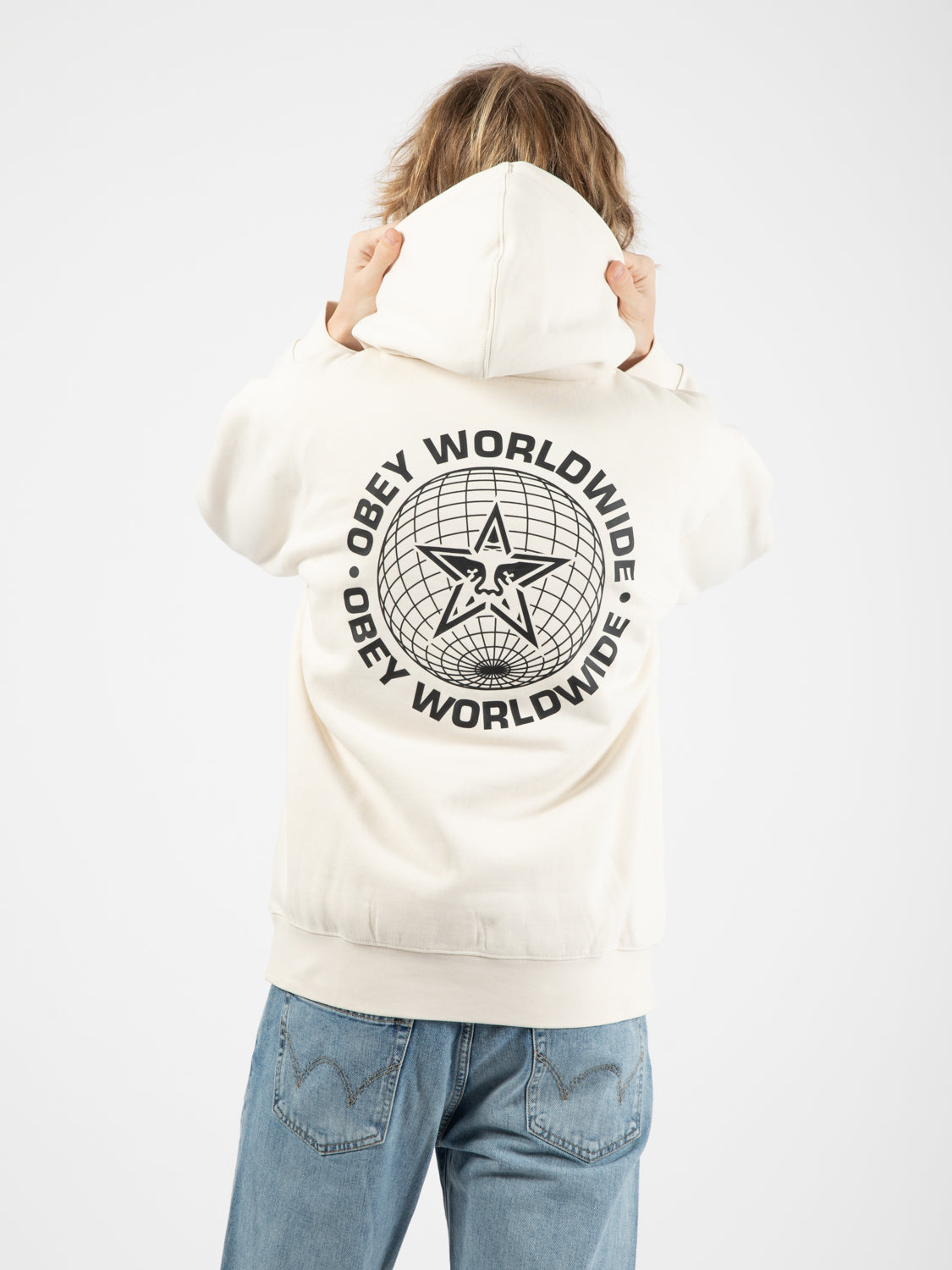 Worlwide globe premium hooded fleece unbleached