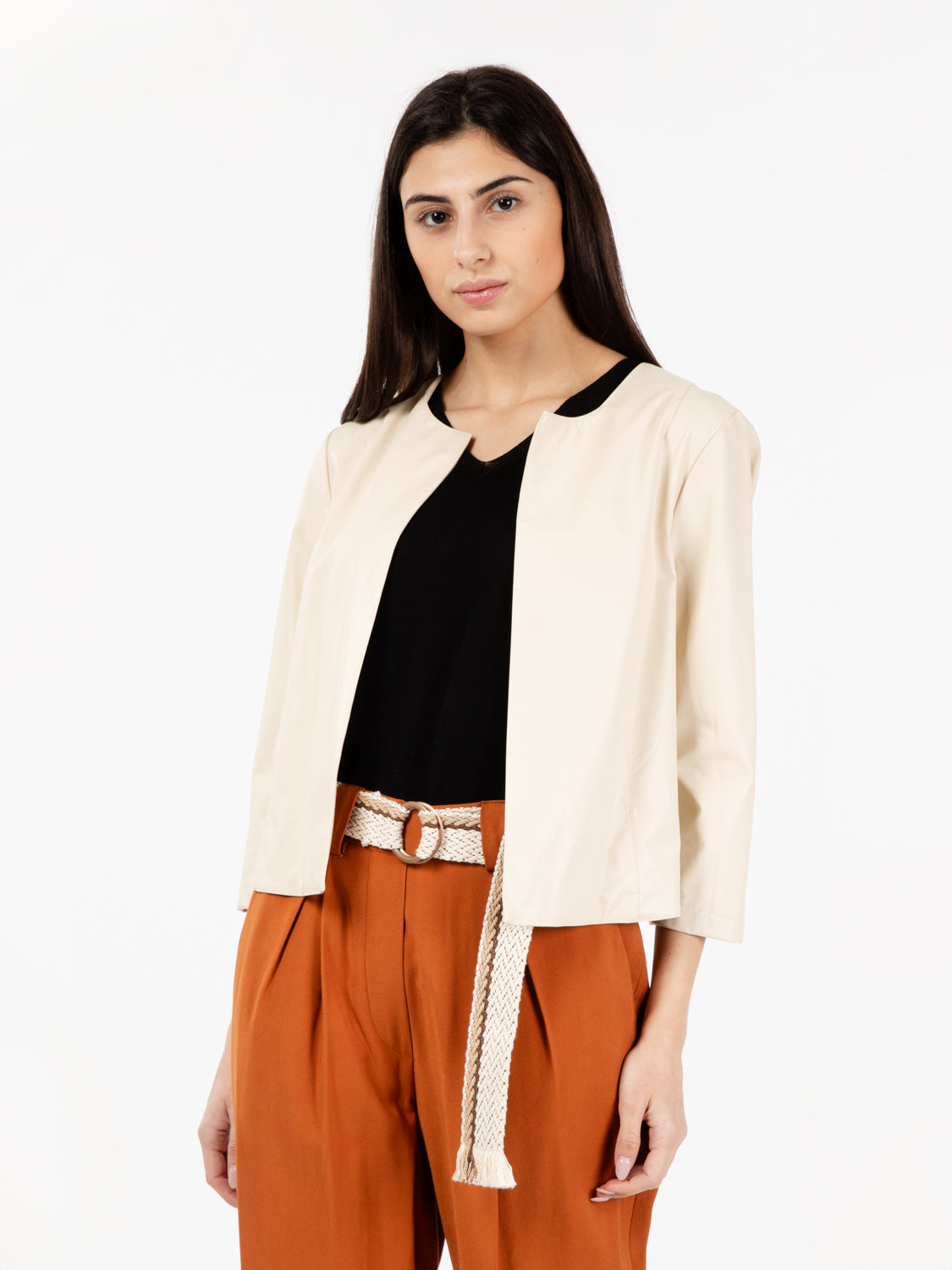 Beige round neck faux leather jacket