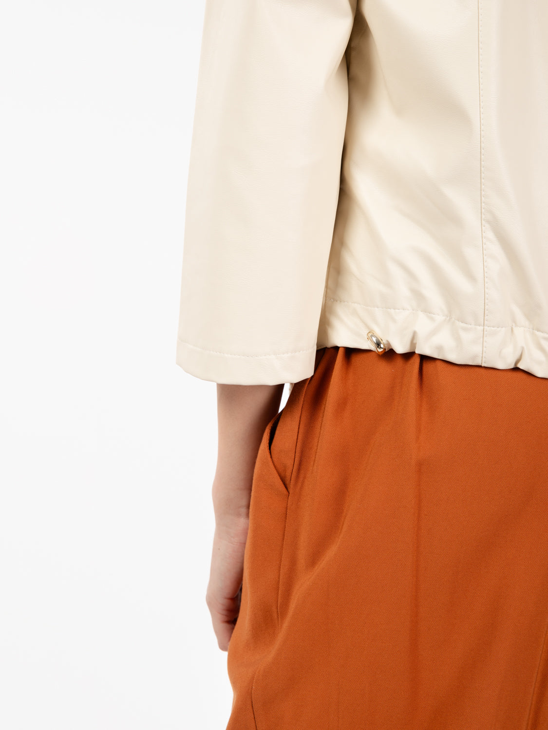 Beige round neck faux leather jacket