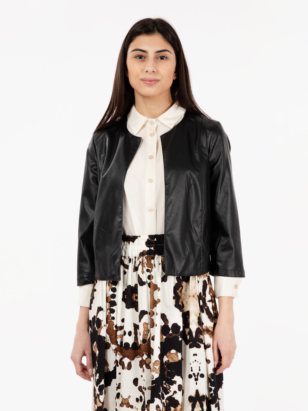 Black round neck faux leather jacket