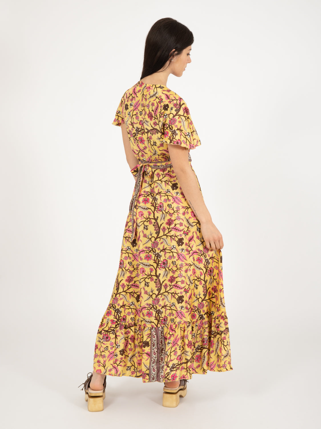 Abito lungo seta fantasia botanica oro / multicolor