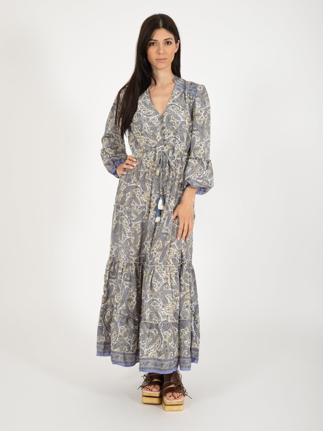 Abito lungo seta stampa paisley multicolor