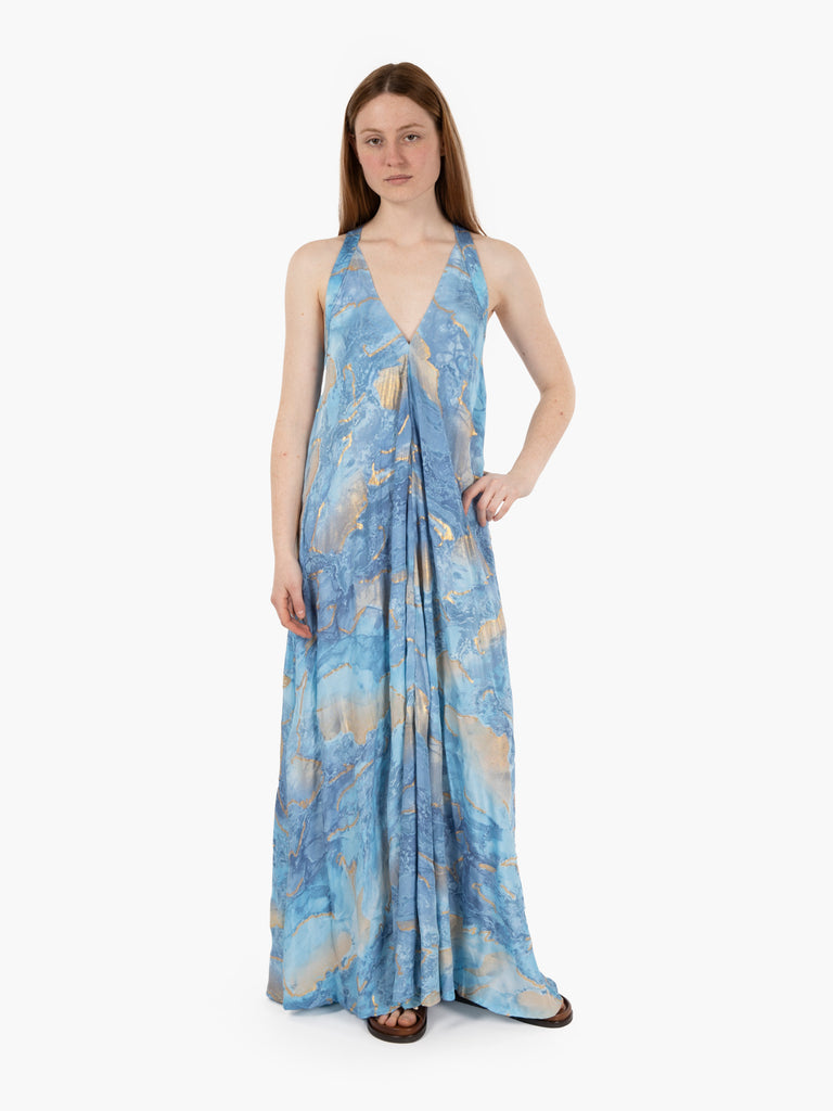 PAHIESA - Abito lungo svasato azzurro / oro