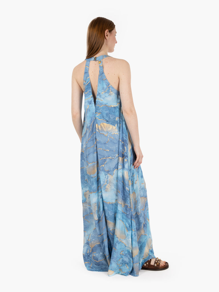 PAHIESA - Abito lungo svasato azzurro / oro
