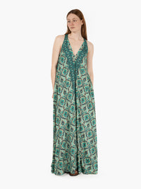 Green/gold flared long dress