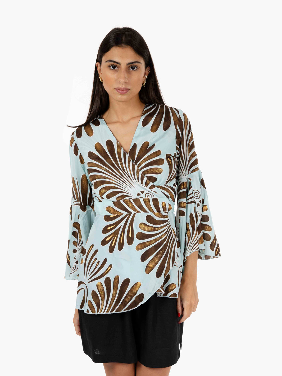 Mini dress with flared sleeves in light blue