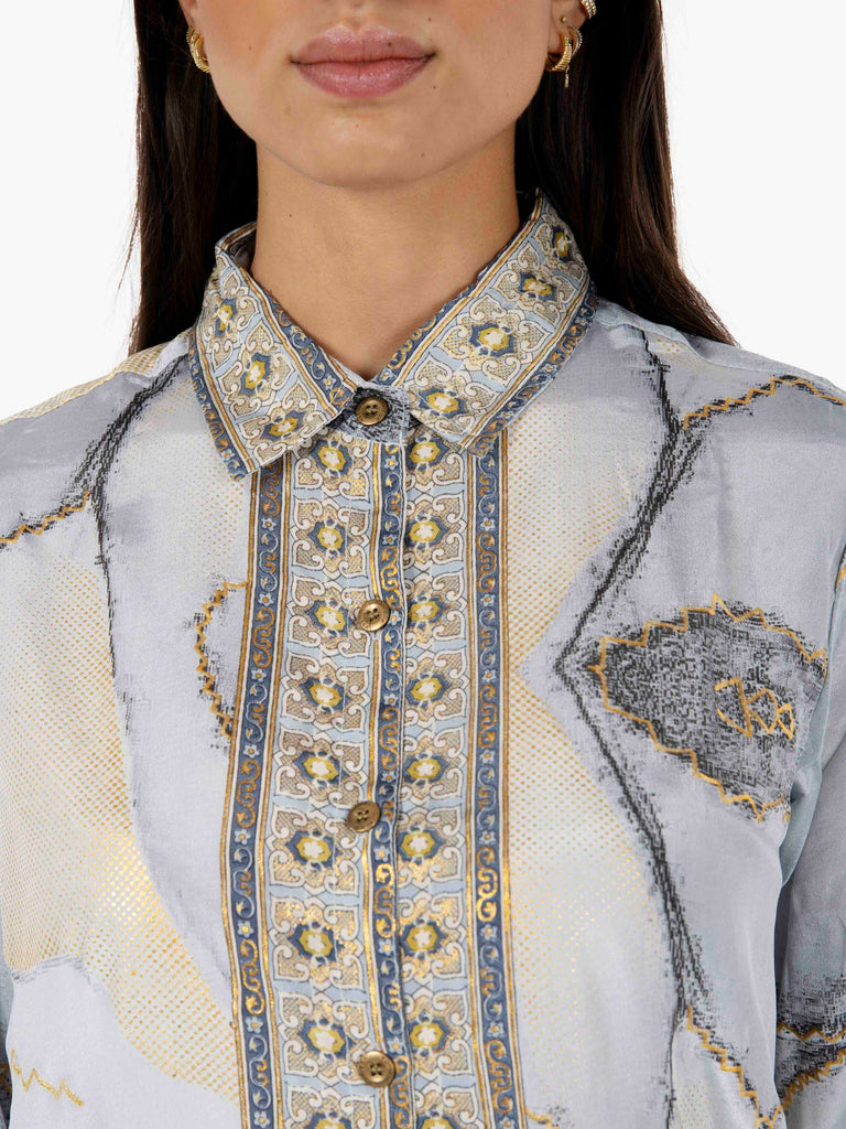PAHIESA - Camicia in seta stampa mix azzurro / oro