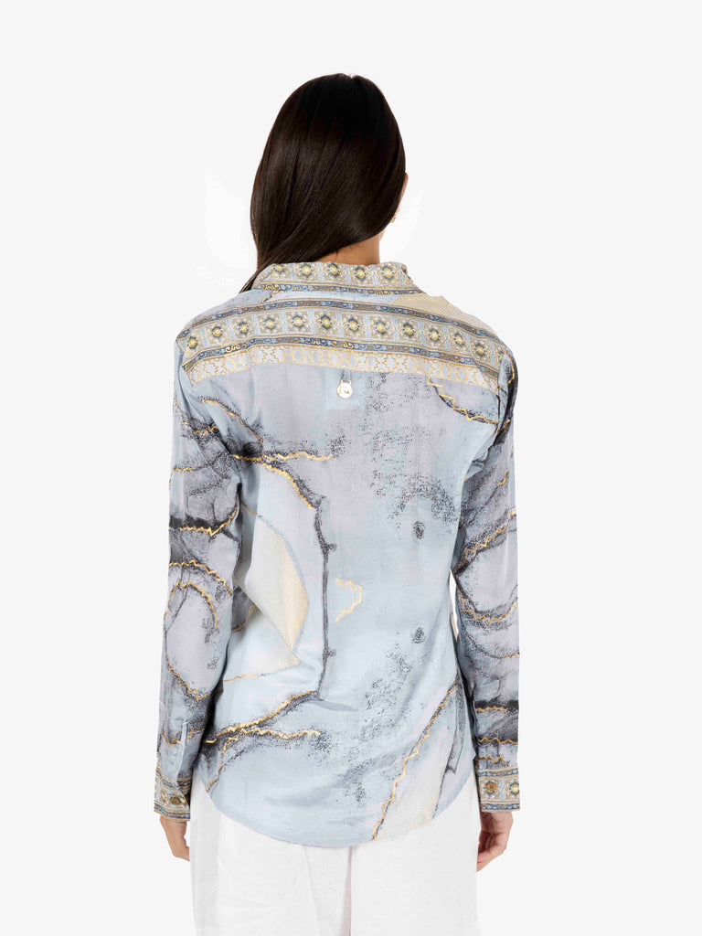 PAHIESA - Camicia in seta stampa mix azzurro / oro