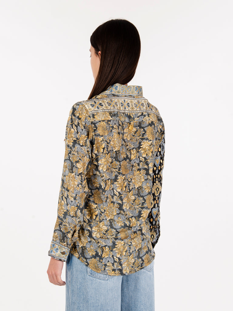 PAHIESA - Camicia in seta stampa mix blu / multicolor