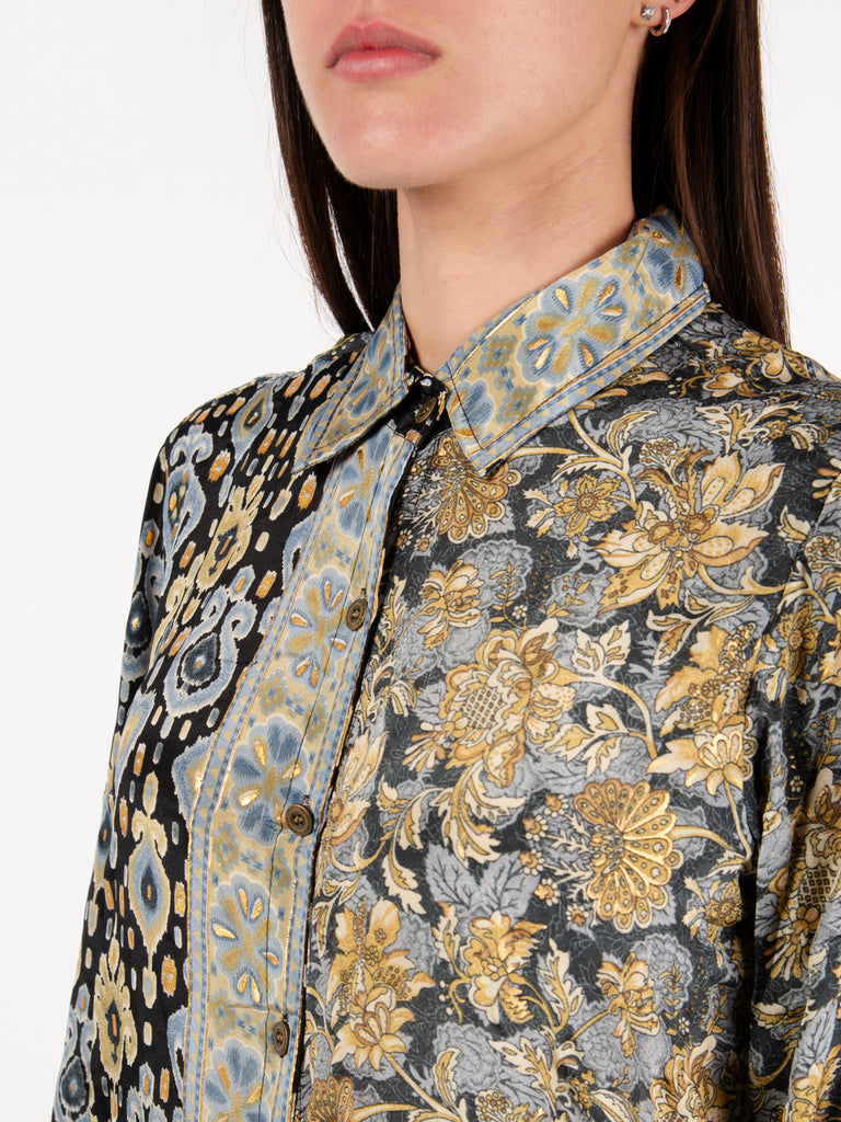 PAHIESA - Camicia in seta stampa mix blu / multicolor