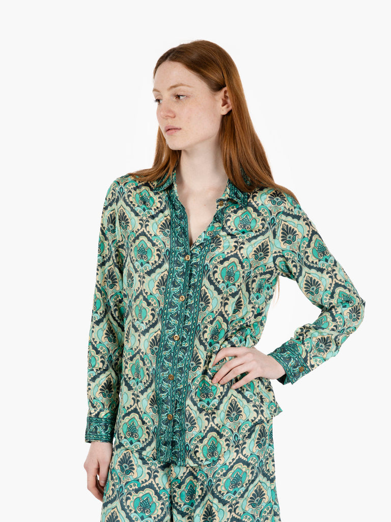 PAHIESA - Camicia in seta stampa mix verde