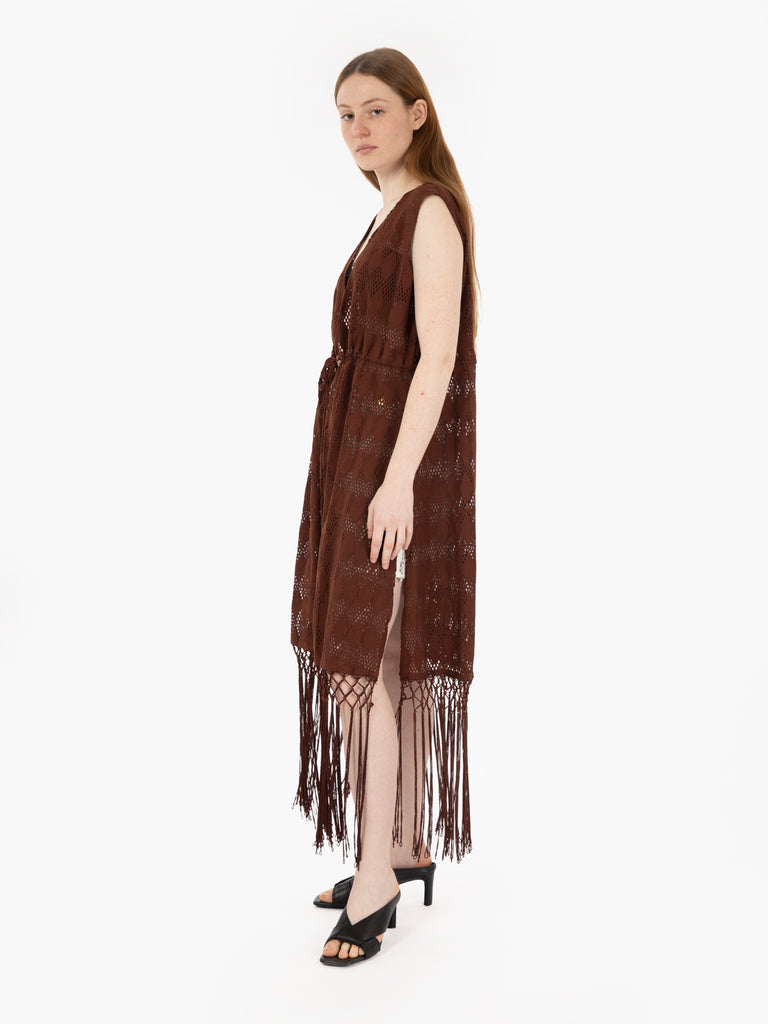 PAHIESA - Gilet crochet lungo con frange brown