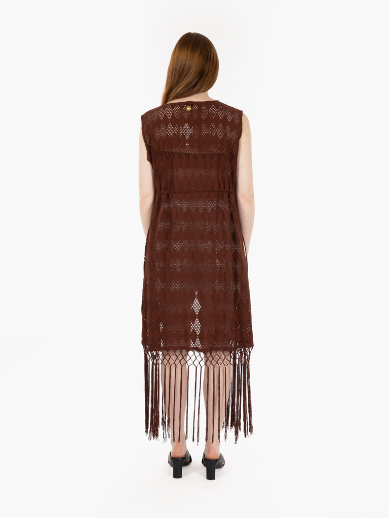 PAHIESA - Gilet crochet lungo con frange brown