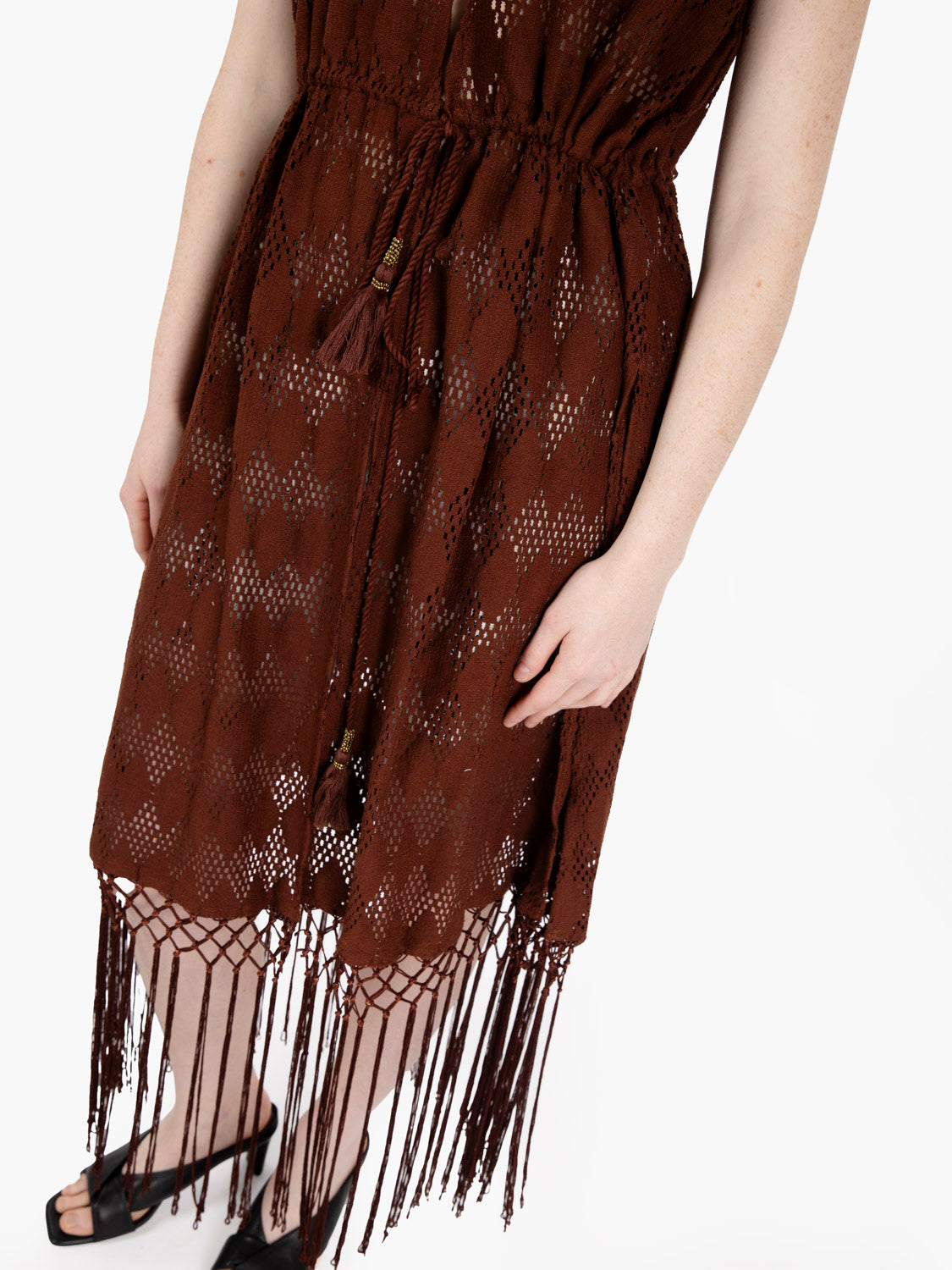 Gilet crochet lungo con frange brown