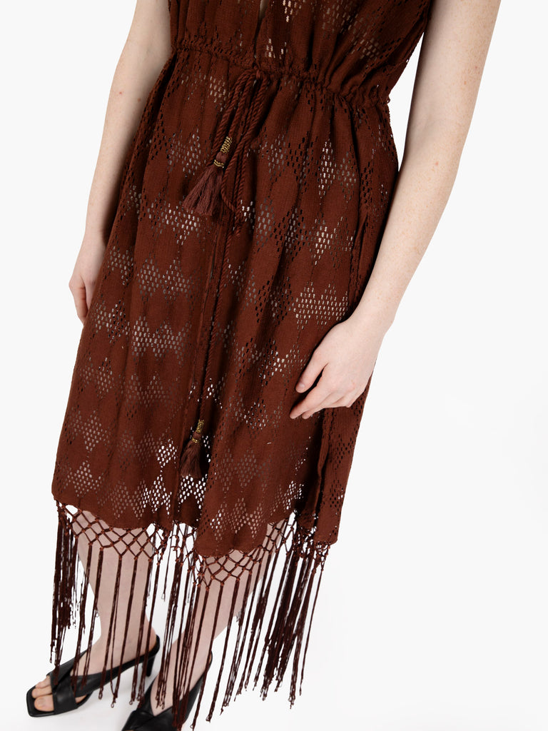 PAHIESA - Gilet crochet lungo con frange brown