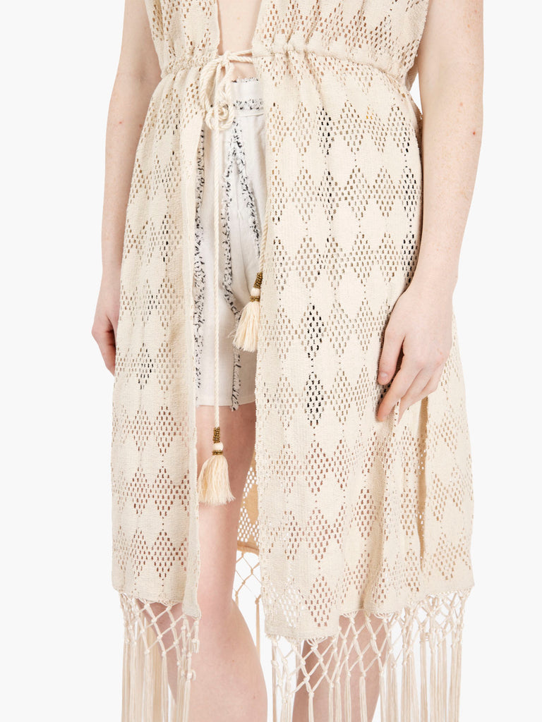 PAHIESA - Gilet crochet lungo con frange ecrù