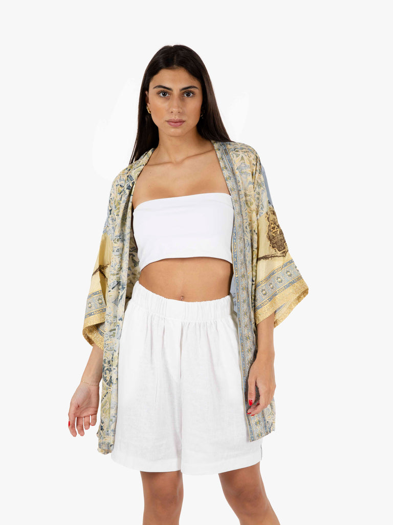 PAHIESA - Kimono in seta fantasia mix azzurro / crema
