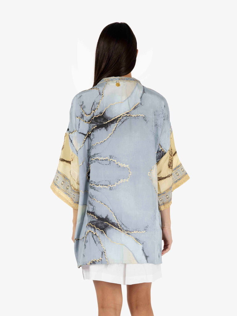 PAHIESA - Kimono in seta fantasia mix azzurro / crema