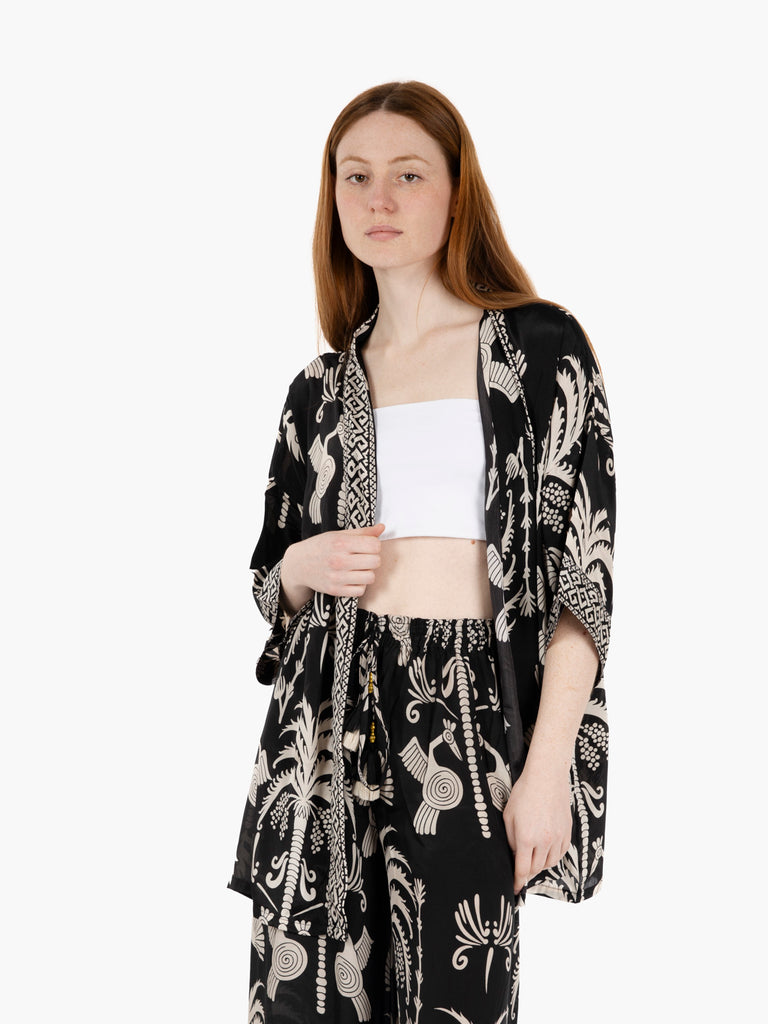 PAHIESA - Kimono in seta fantasia mix nero / bianco