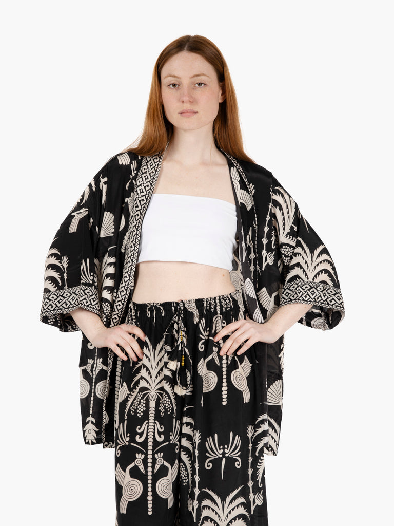 PAHIESA - Kimono in seta fantasia mix nero / bianco