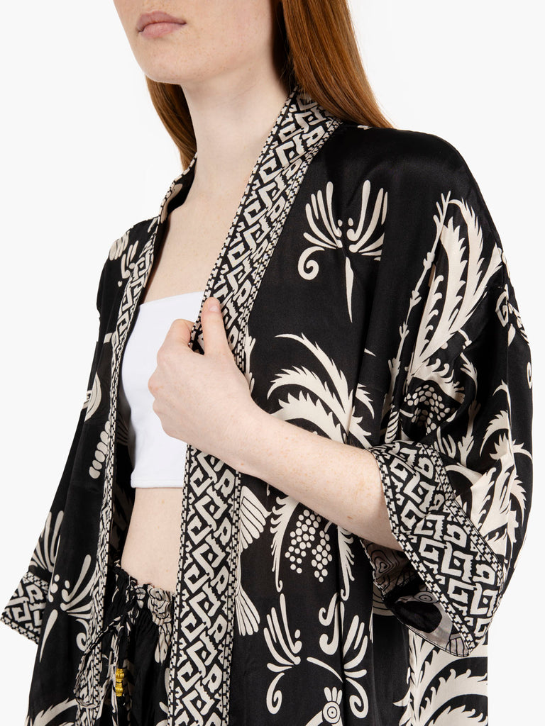PAHIESA - Kimono in seta fantasia mix nero / bianco