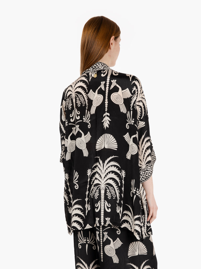 PAHIESA - Kimono in seta fantasia mix nero / bianco