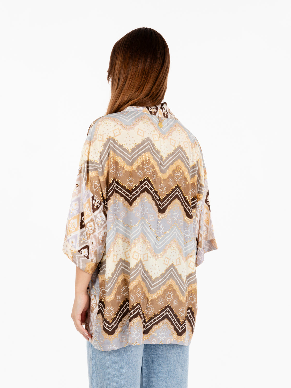 Kimono in seta avorio / marrone / lilla