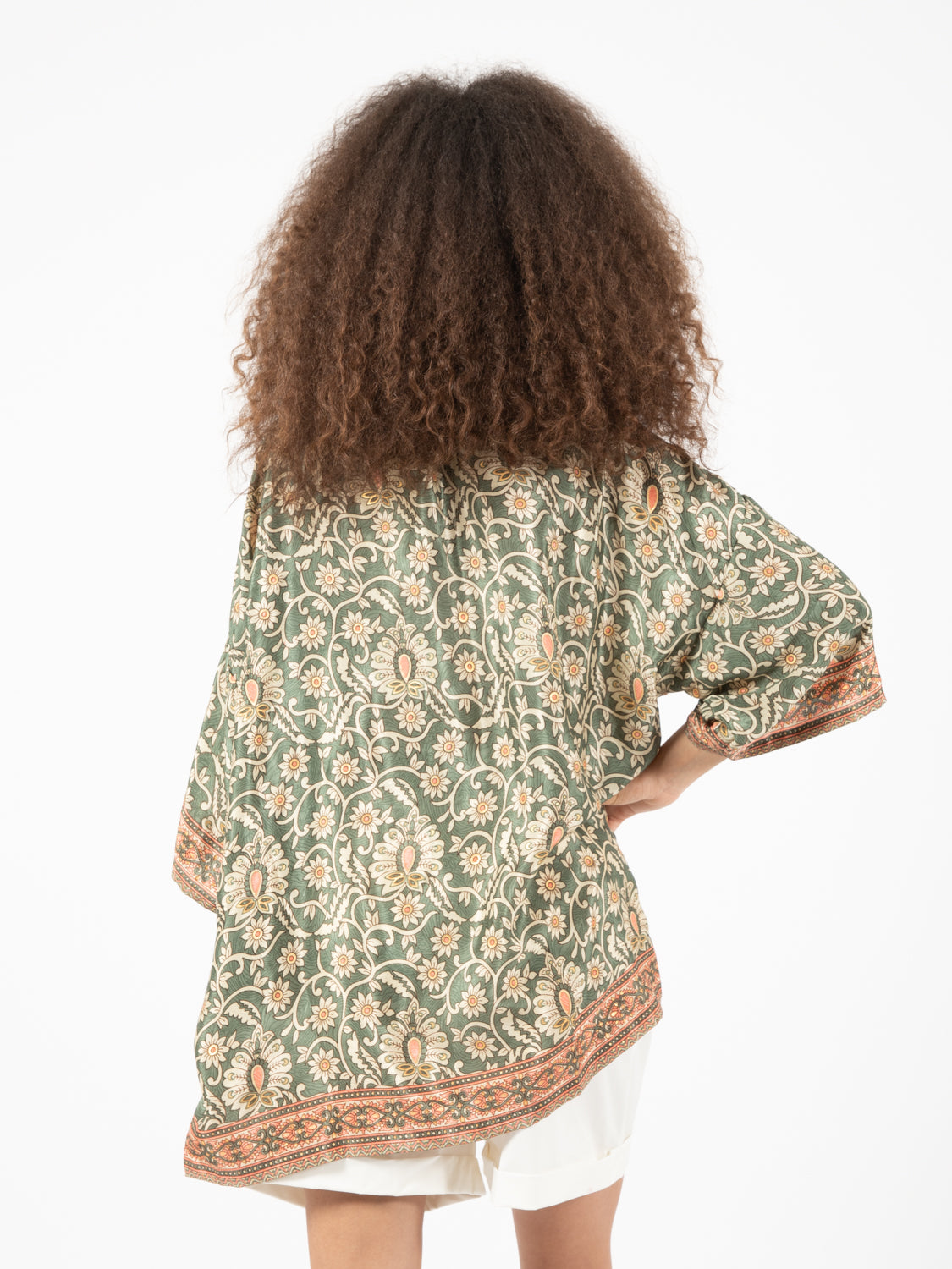 Kimono seta stampa floreale verde / multicolor