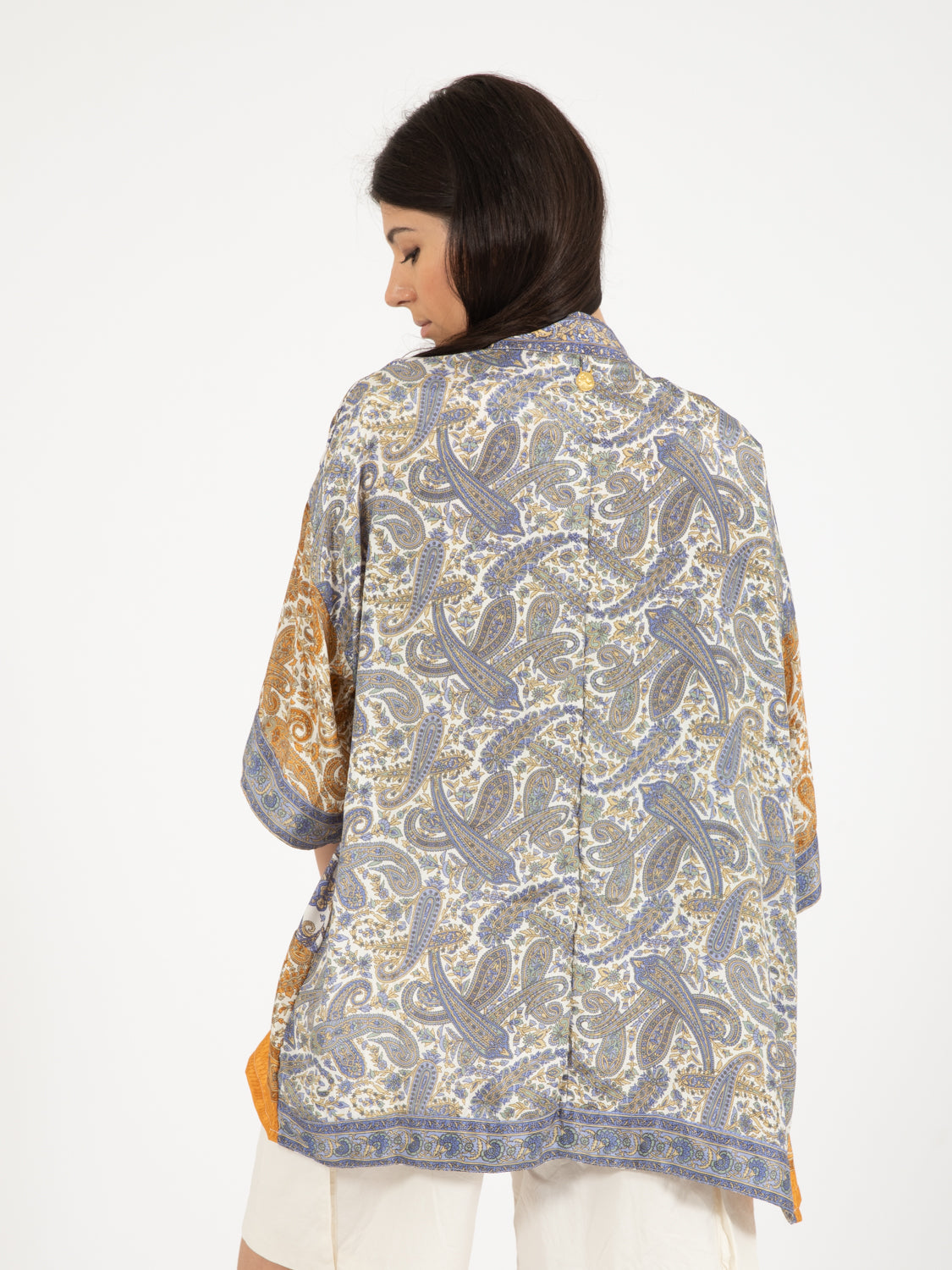 Kimono seta stampa paisley blu / multicolor