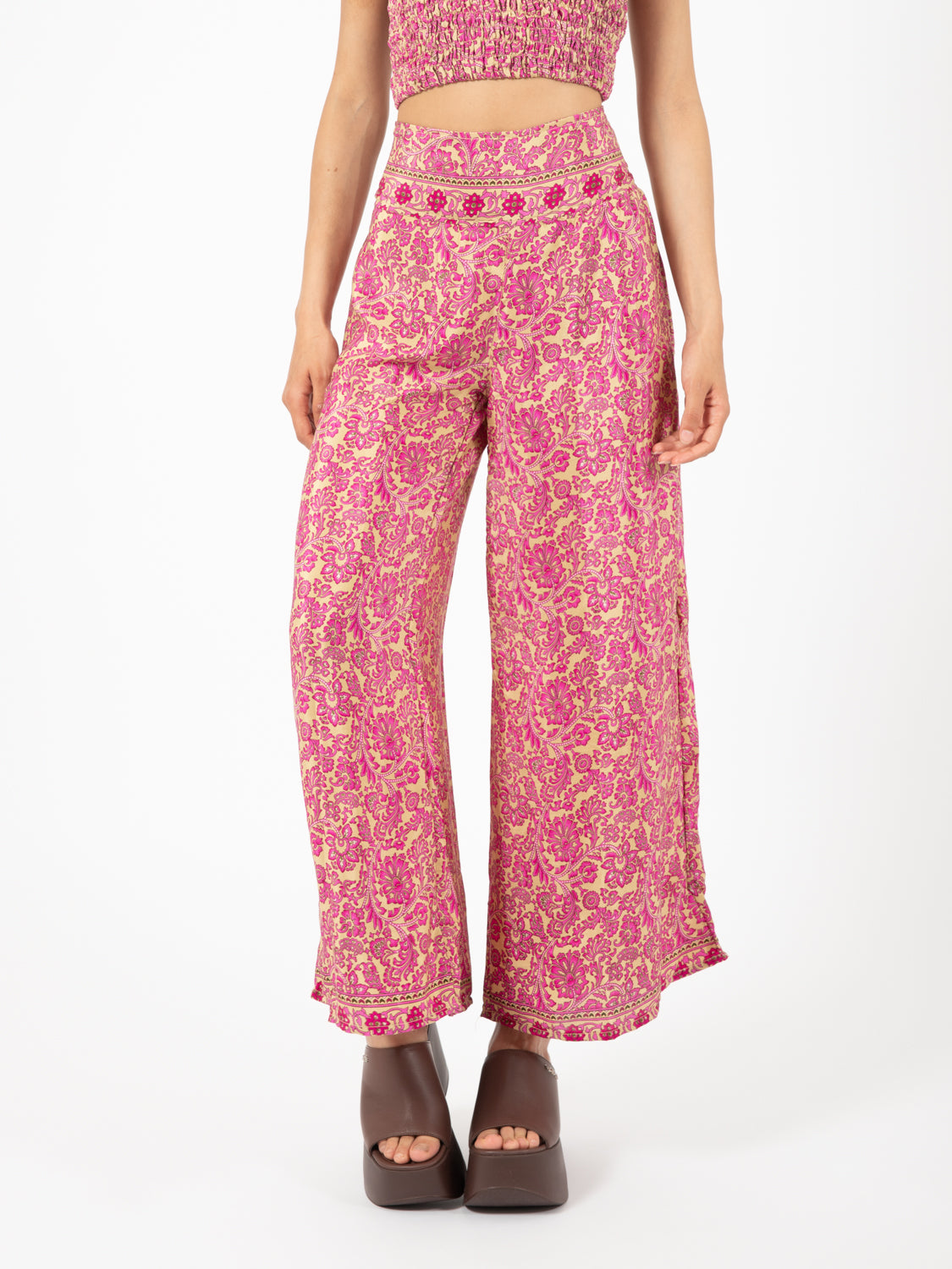 Gold/pink floral print palazzo pants