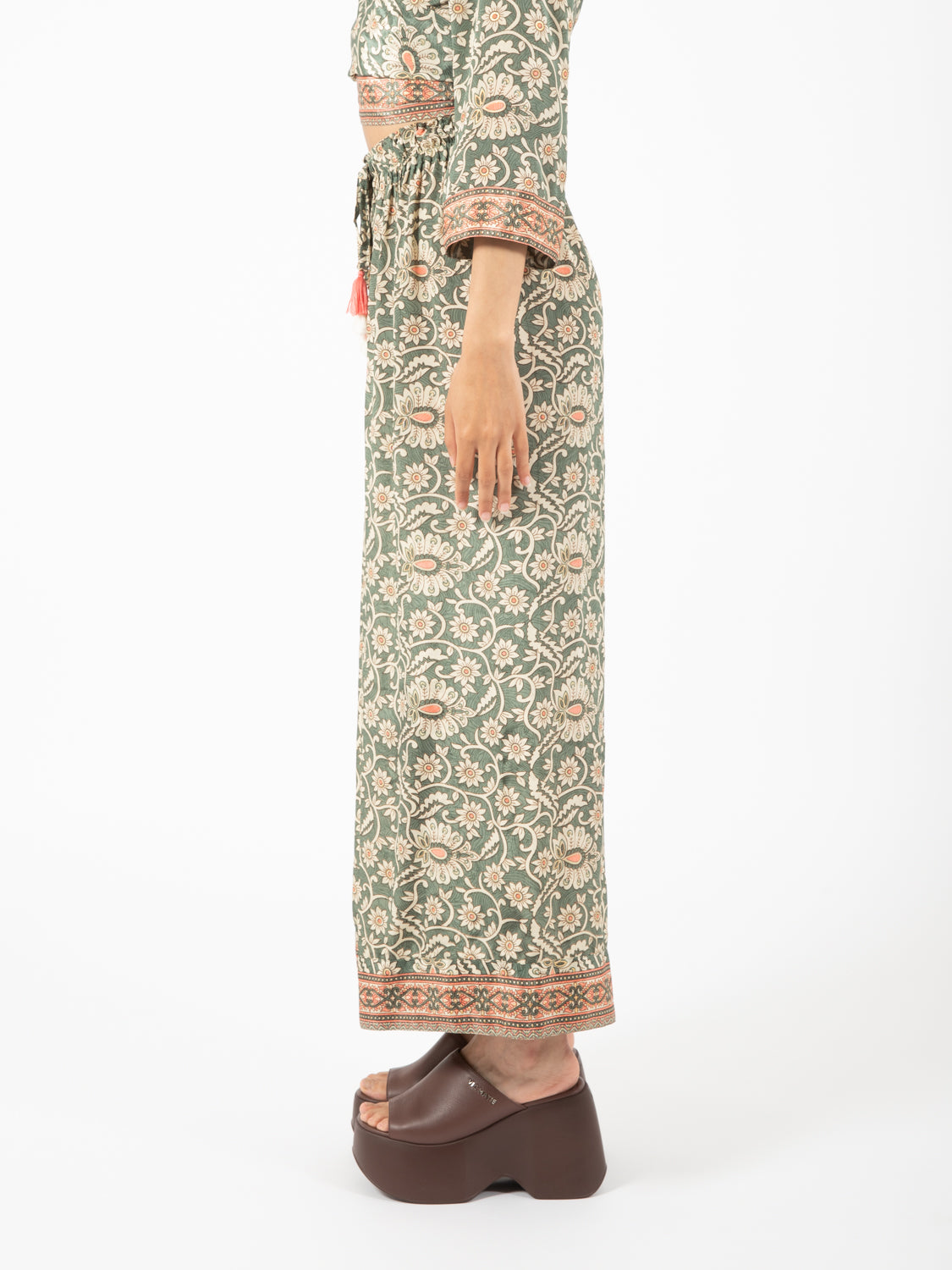 Green/Ivory Floral Print Wide Leg Pants