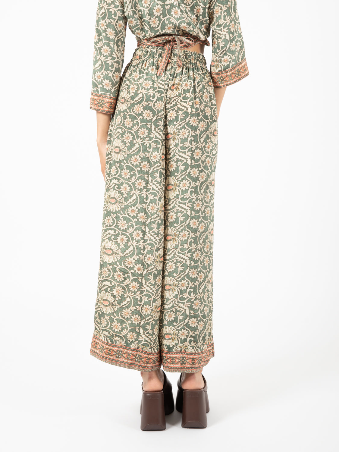 Green/Ivory Floral Print Wide Leg Pants